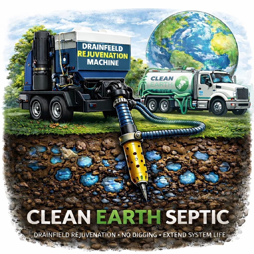 Clean Earth Septic AI image of septic truck and drainfield rejuvenation equipment
