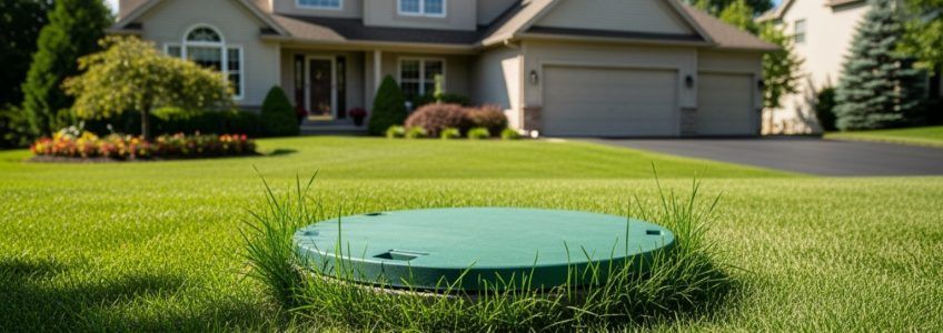 septic tank manhole cover in front lawn of suburban home