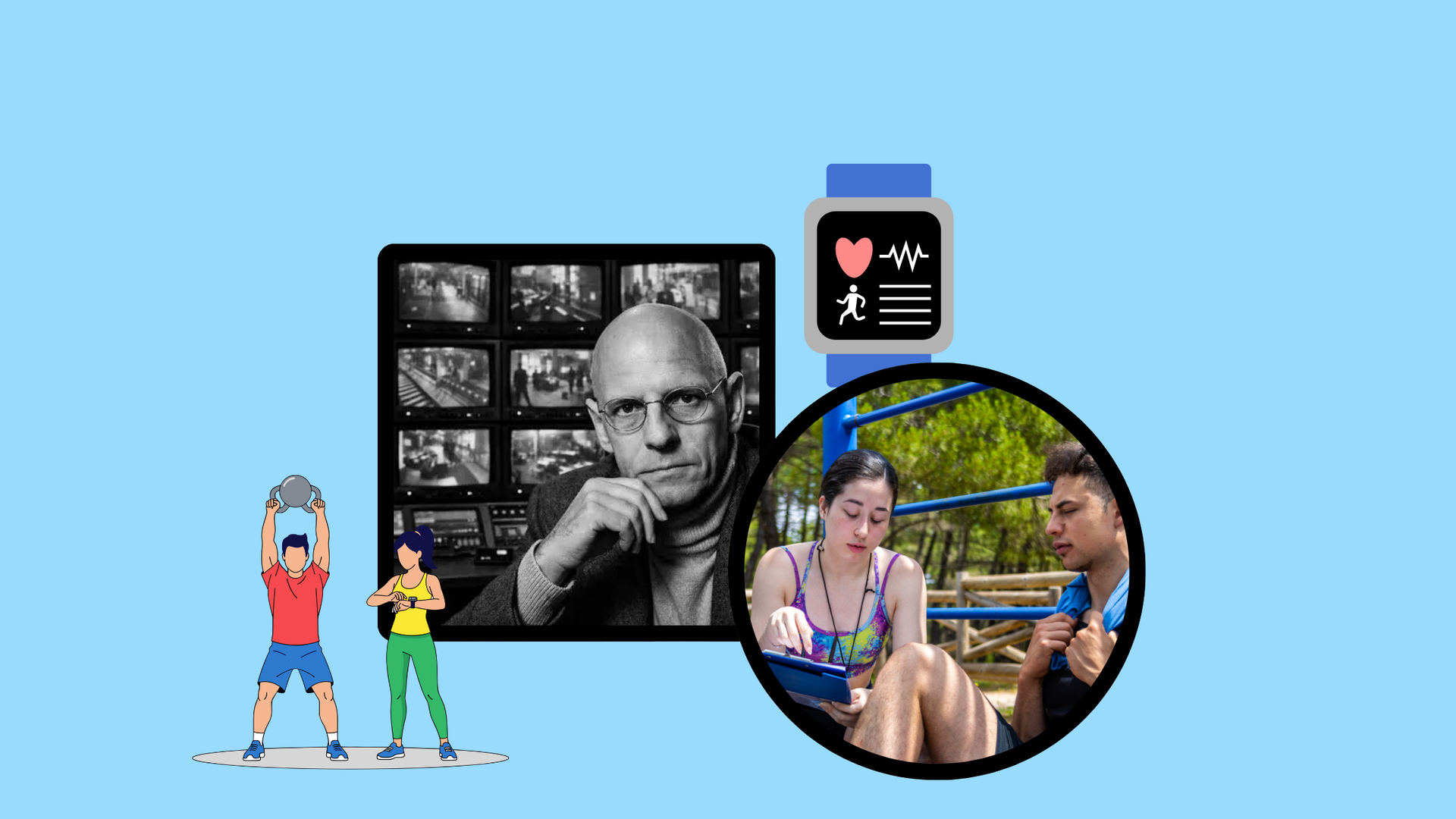 Collage: man in glasses, workout figures, smartwatch, people using a tablet outdoors.