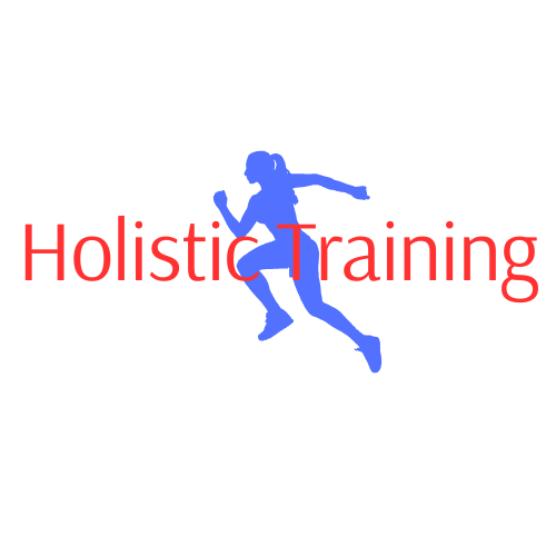 Silhouette of a runner, blue against white, with the words 