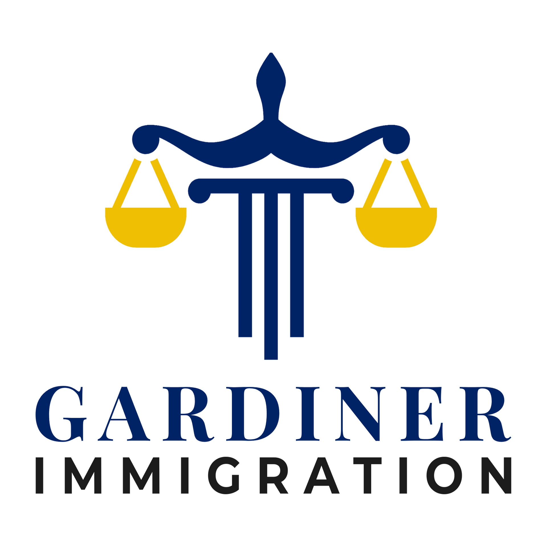 A logo for Gardiner Immigration, featuring a dark blue pillar topped with a scale of justice, with gold weighing pans.