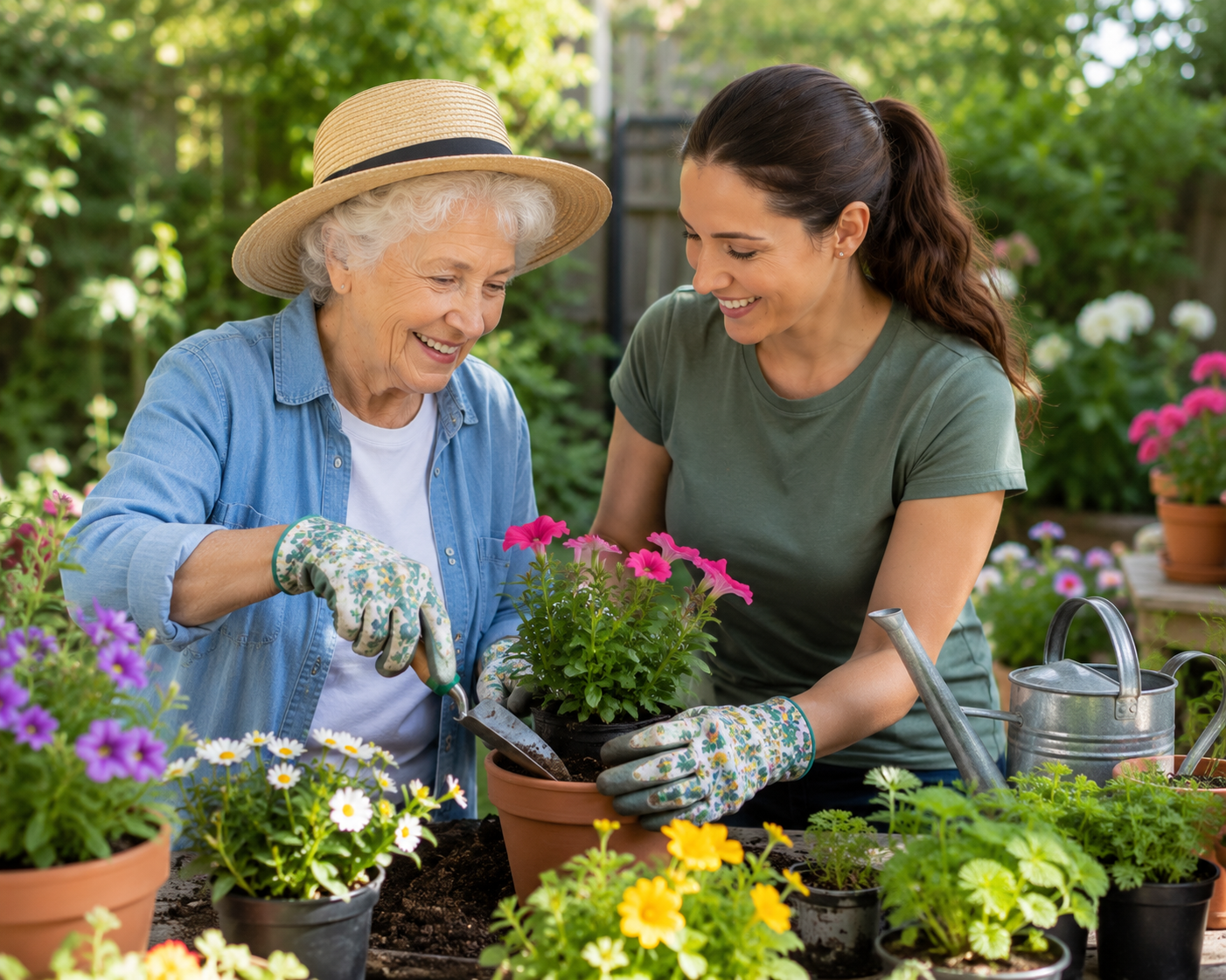 two women gardening outside