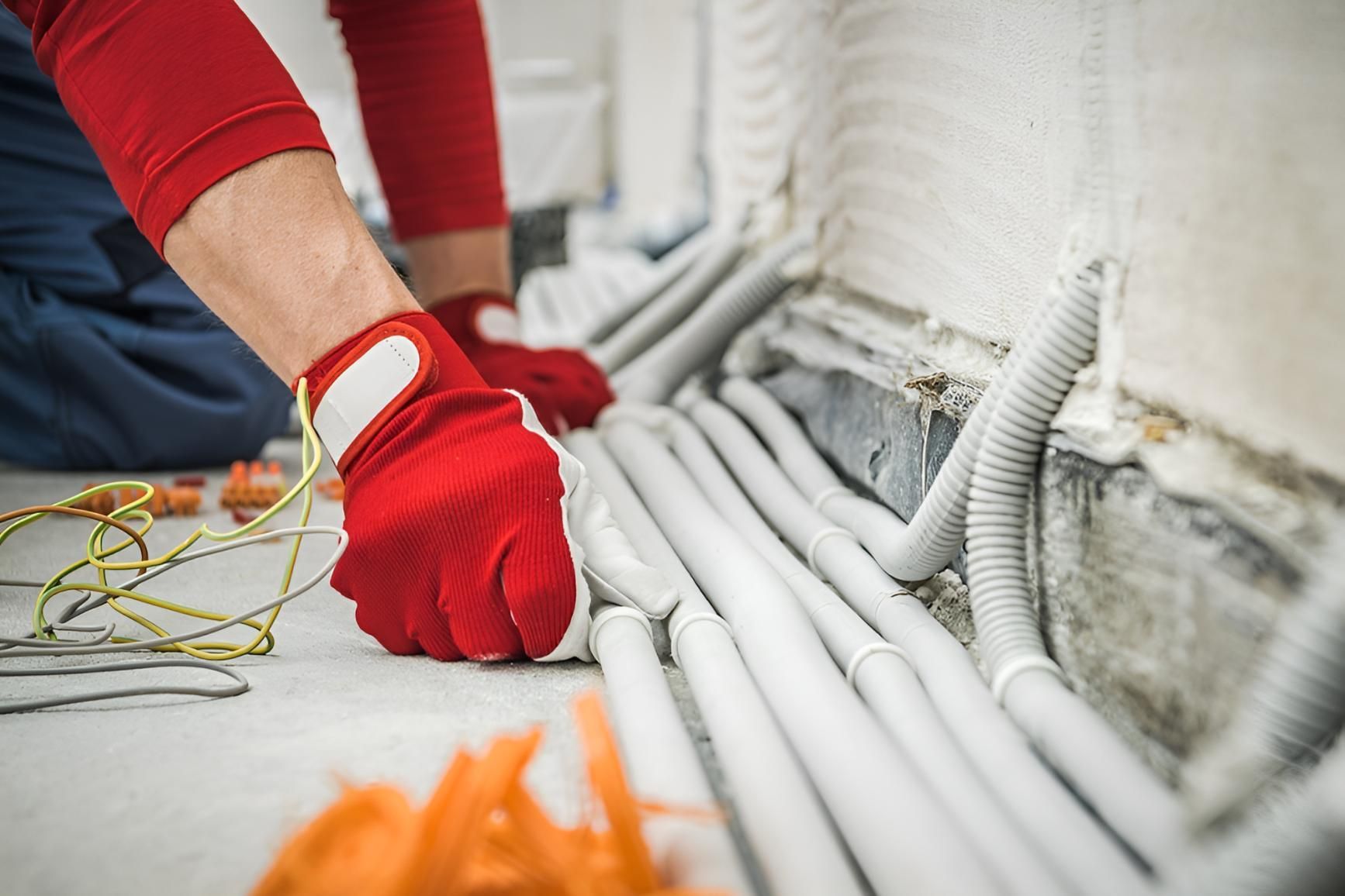 Man in Red Gloves is Working on Electrical Wires — Robbie McDonald Electrical in Noosa, QLD