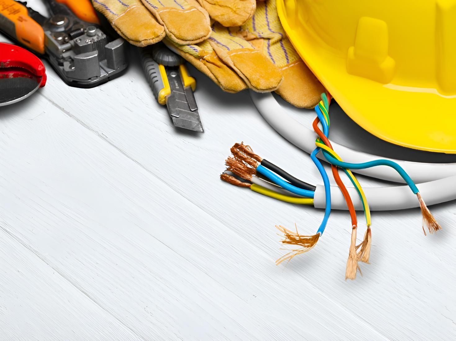 Hard Hat, Gloves, Pliers, and a Wire Are on a Wooden Table — Robbie McDonald Electrical in Nambour, QLD
