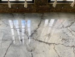 Shiny, marbled-look floor reflecting window light. Dark veins run across the light gray and white surface.