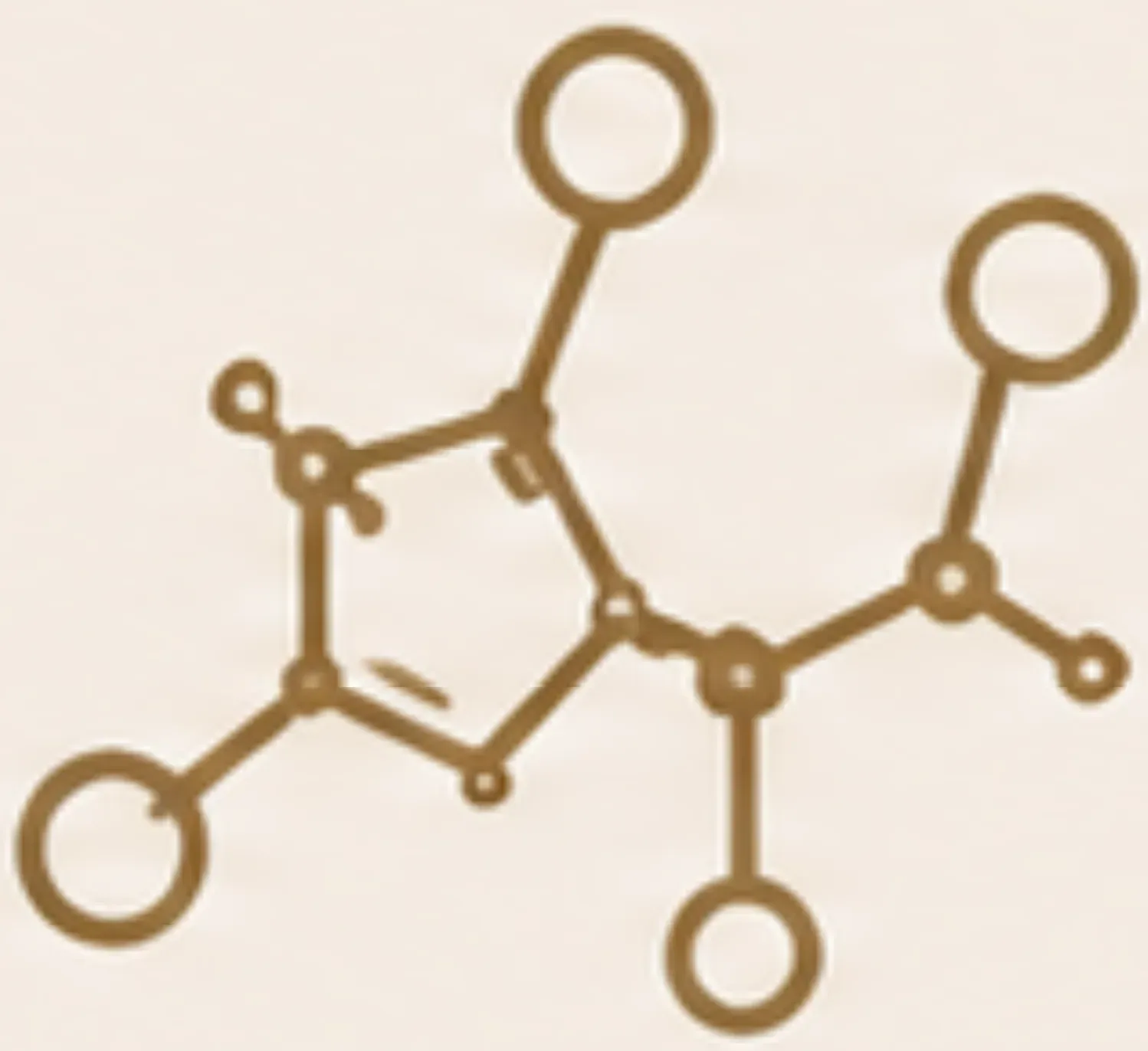 Brown molecular structure diagram on a beige background with circular atoms and connecting bonds