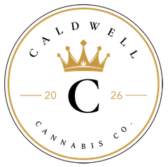 Caldwell Cannabis Co. circular logo with gold crown, black “C,” and “2026” on white background