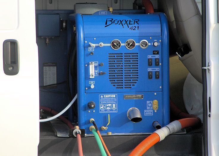 A blue boxxer machine is sitting in the back of a van
