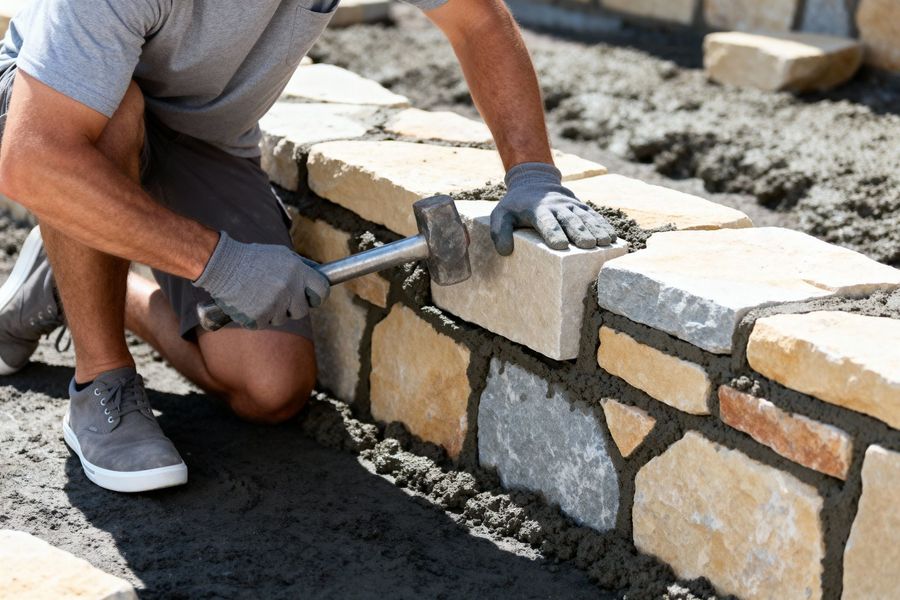 Worker laying a stone wall with a hammer and chisel beside a gravel path