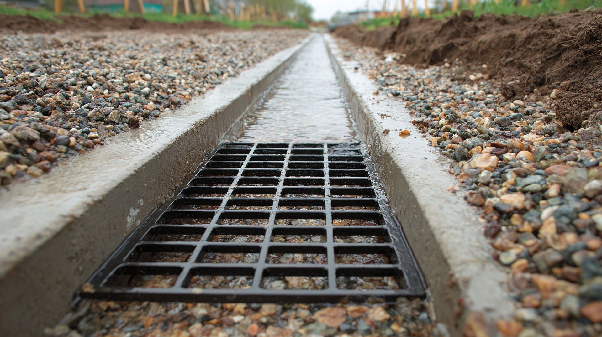 Concrete drainage channel with a metal grate along a gravel-lined roadside