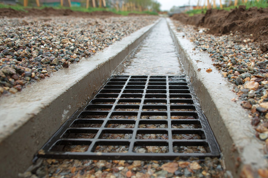 Concrete drainage grate in a roadside gutter, with gravel and blurred path in the background