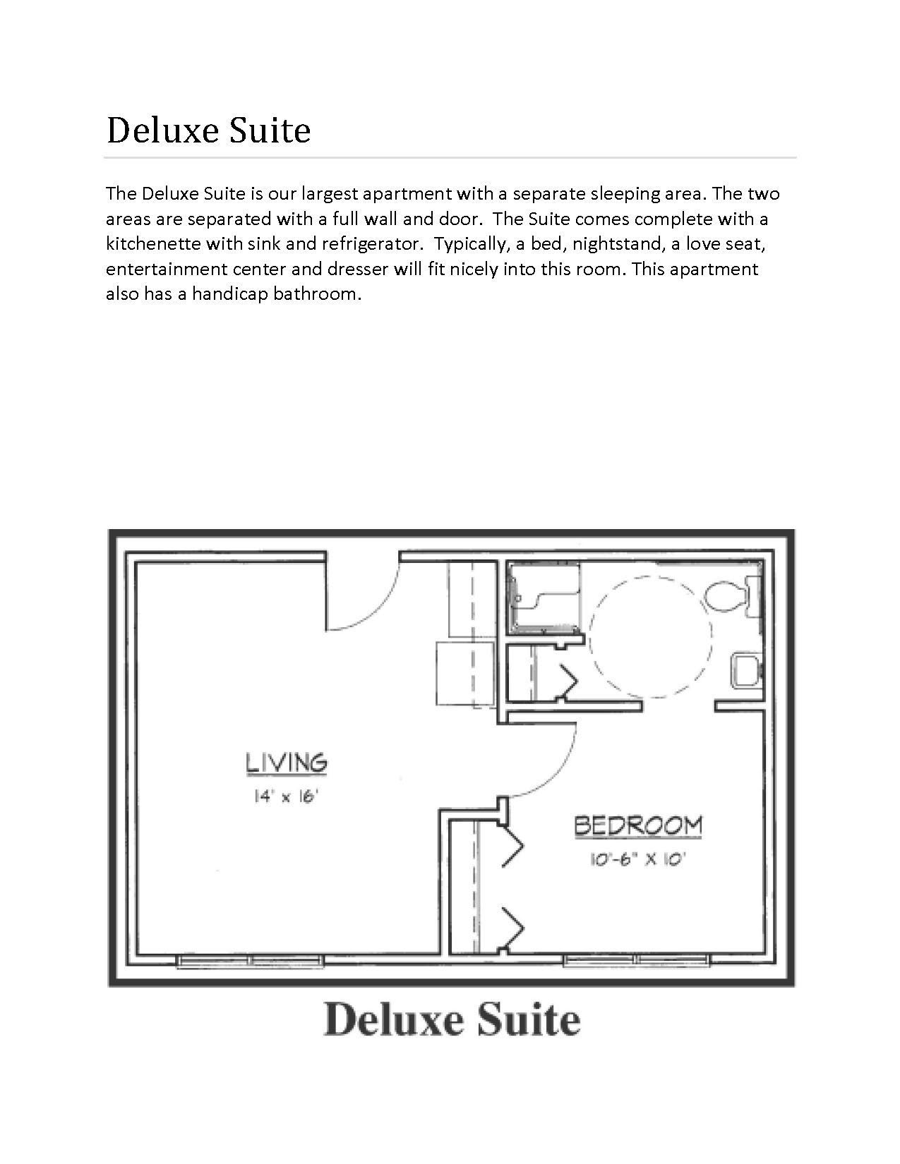 Floor plan of a deluxe suite with living and bedroom areas. Text at the top describes the suite.