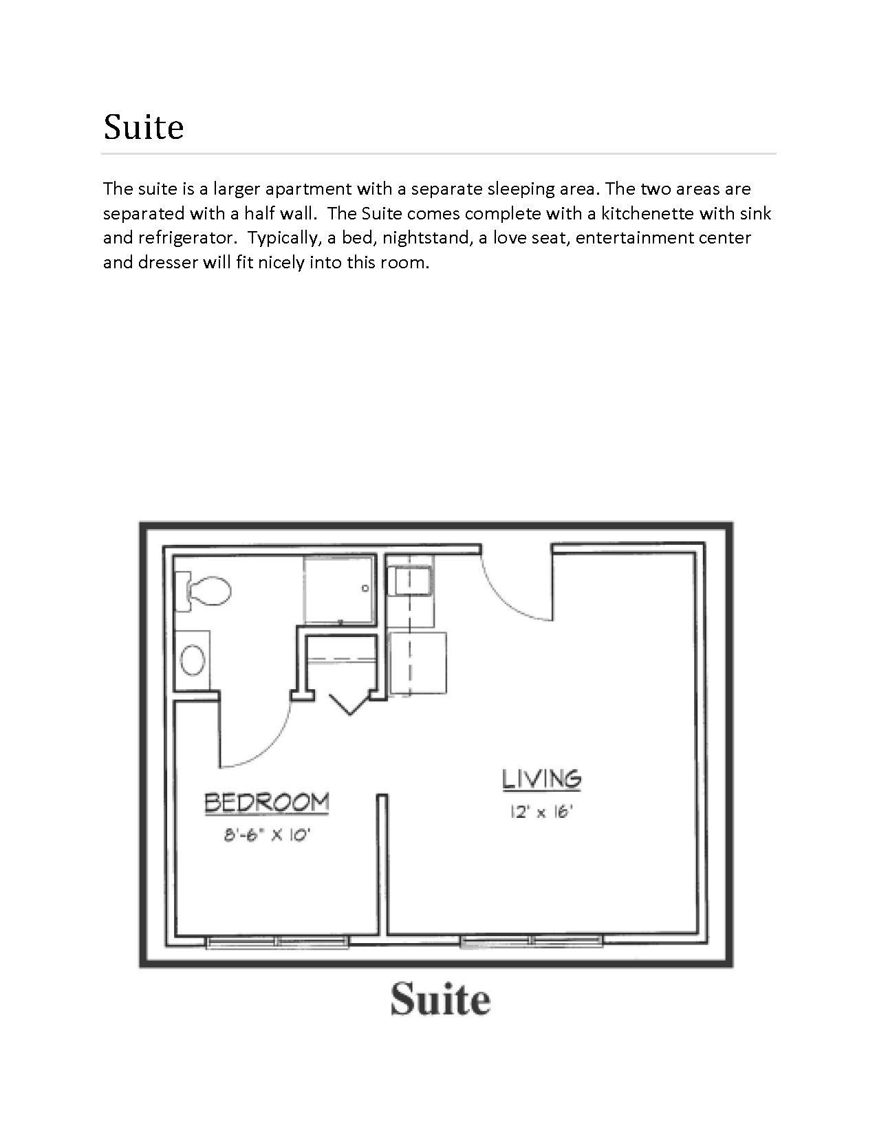 Floor plan of a suite showing a bedroom, bathroom, and living area.