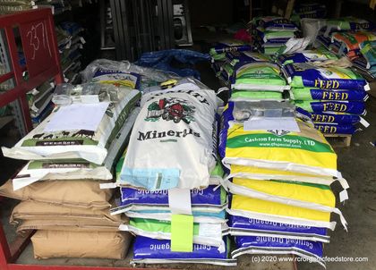 Orders ready for pickup at the RCR Organic Feedstore