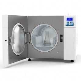 photo of beaker and temperature probe inside laboratory autoclave