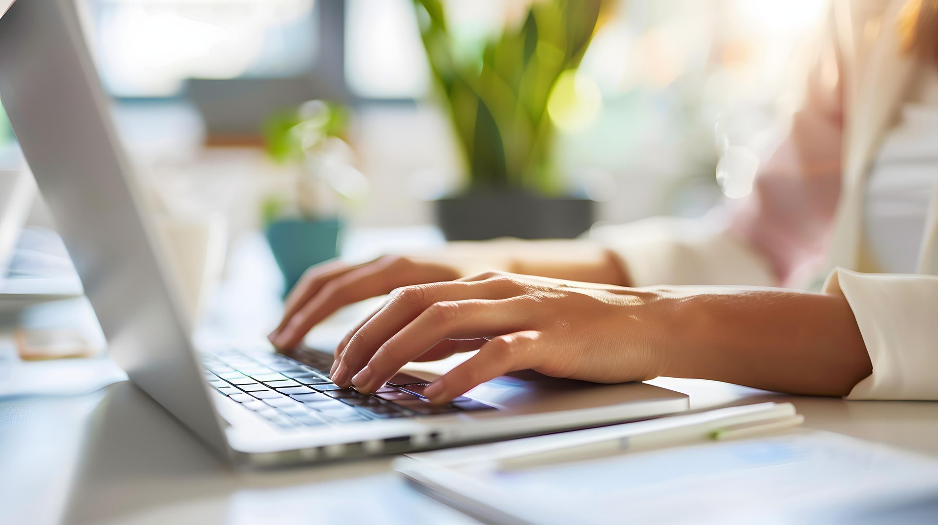 Hands typing on a laptop at a bright desk in an office setting