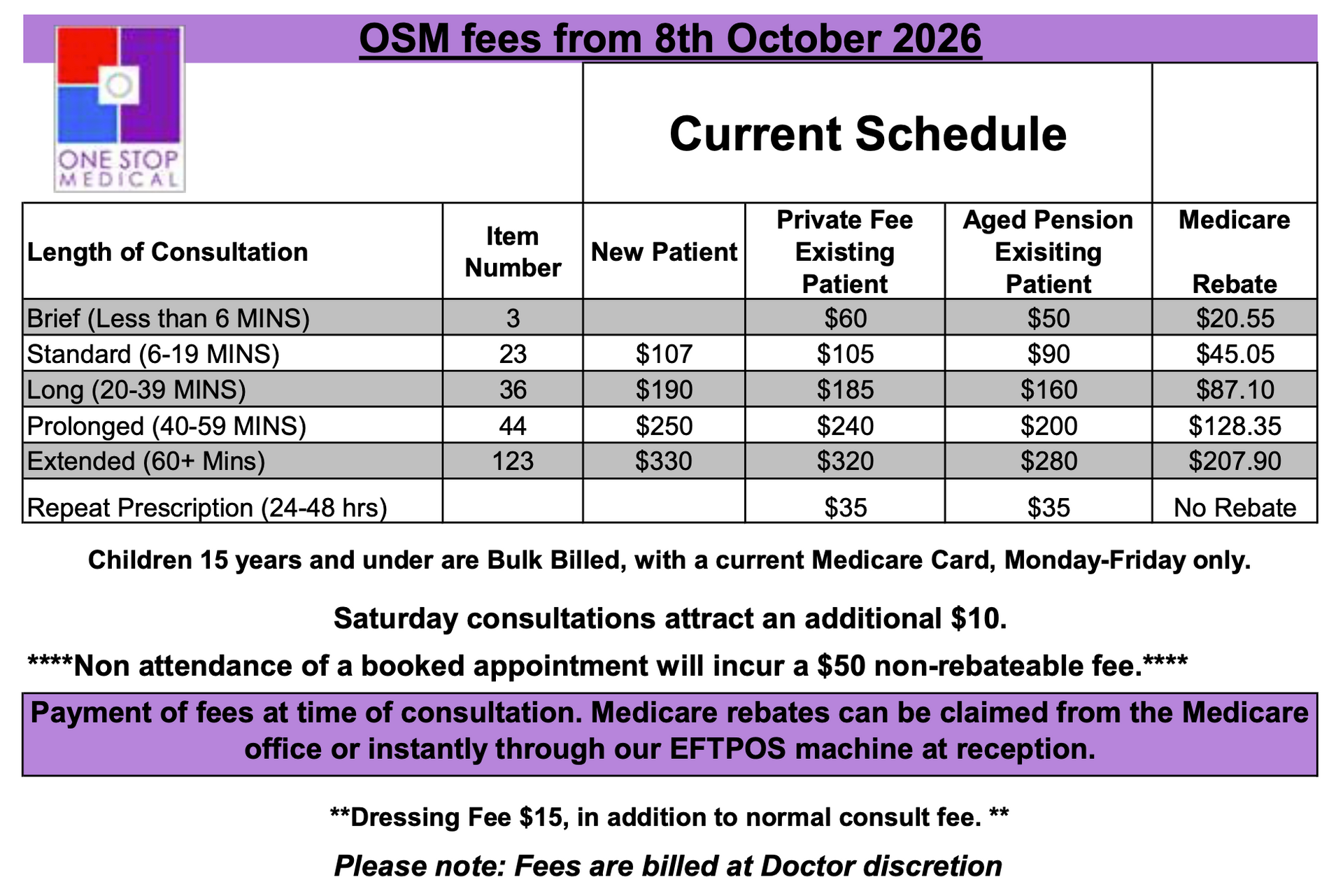 Fee schedule for OSM medical services starting 8 October 2026. Lists fees, Medicare rebates, and cancellation policy.— One Stop Medical in Mackay, QLD