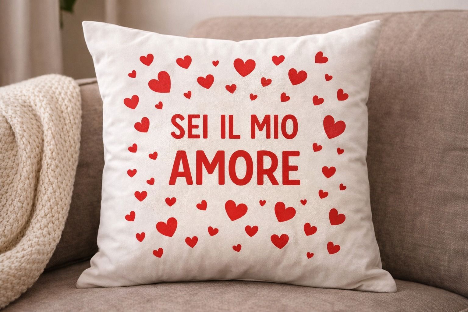 Cuscino bianco con cuori rossi e la scritta 