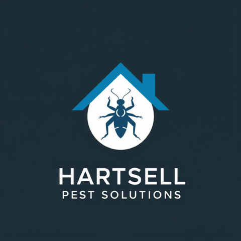 Logo: blue house shape with a white circle and an insect silhouette; 