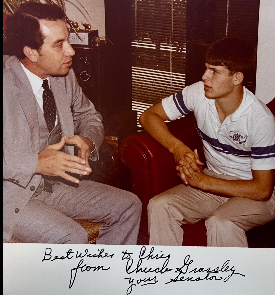 Visiting with United States Senator Charles Grassley in Washington, DC (July 1984).