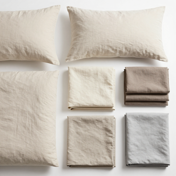 Set di biancheria da letto testurizzata color crema e grigio con federe, copripiumino e federe piegate.