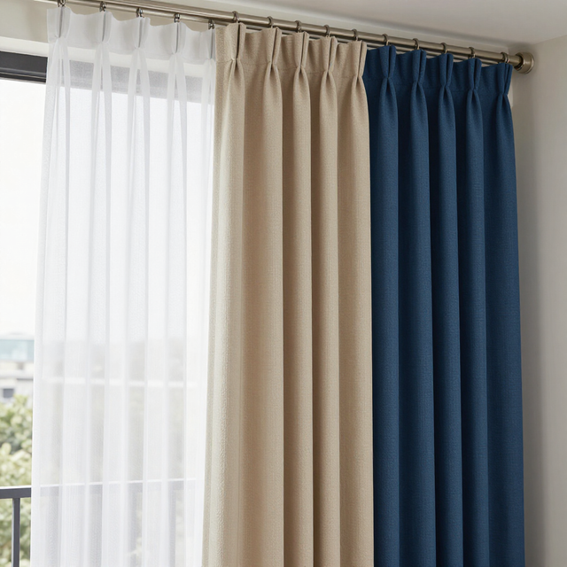 Tende trasparenti bianche, beige e blu che coprono una finestra con una luce soffusa alle loro spalle