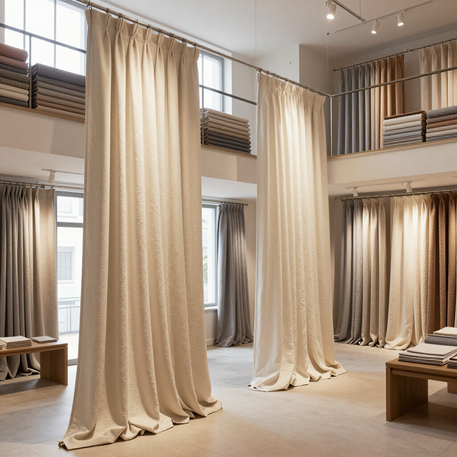 Interni moderni di una boutique, con alte tende beige che scendono dal soffitto al pavimento in un luminoso showroom a pianta aperta.