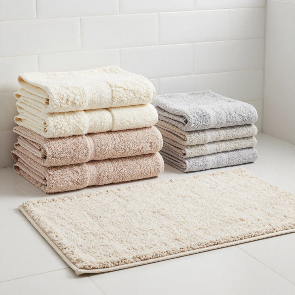 Asciugamani color crema e beige impilati insieme a un tappetino da bagno su un pavimento piastrellato di bianco.