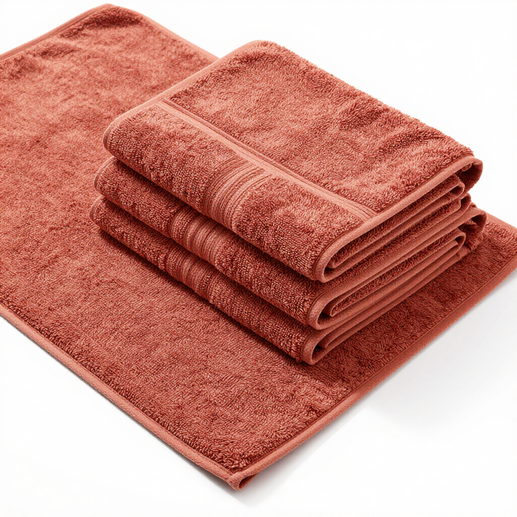 Asciugamani da bagno color ruggine impilati su sfondo bianco