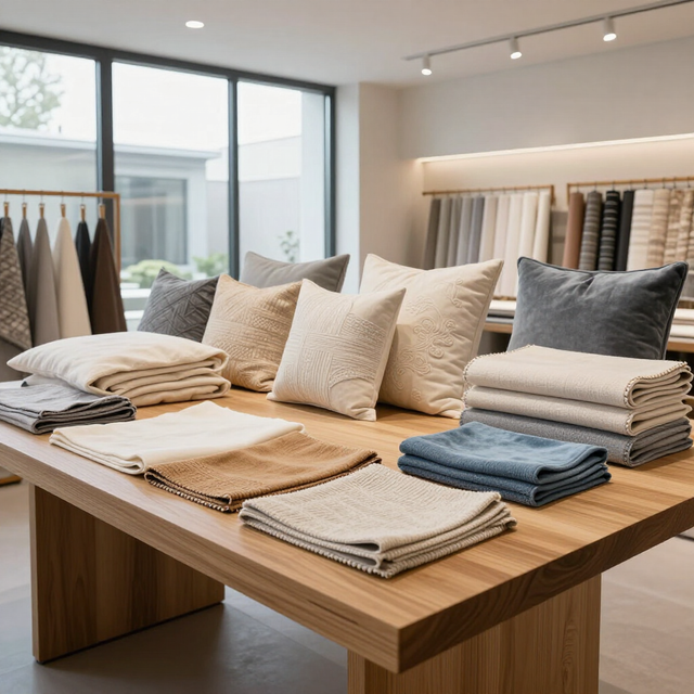 Esposizione minimalista in un negozio di abbigliamento con lenzuola e maglioni neutri piegati su un tavolo di legno.
