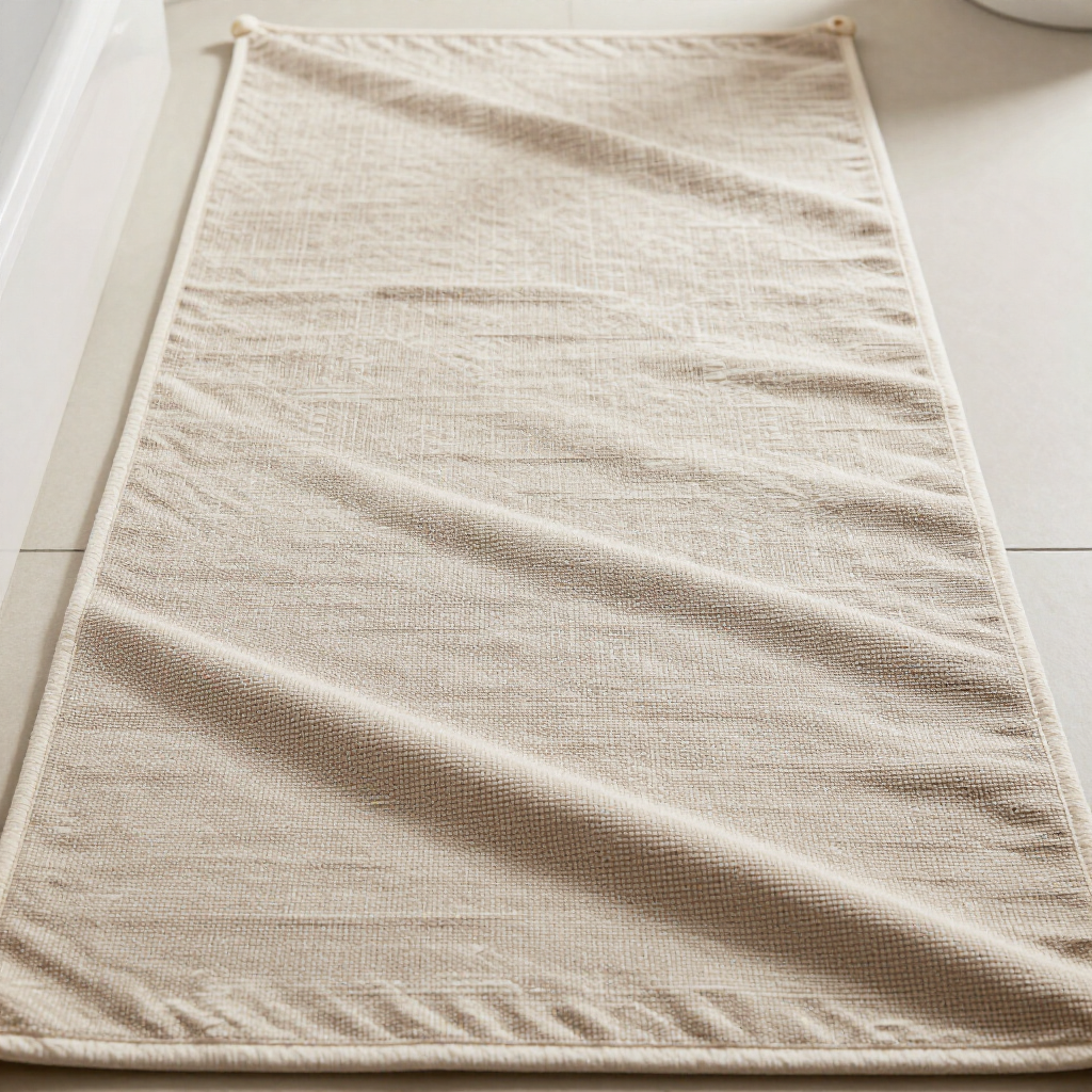 Tappeto beige intrecciato, posato su un pavimento chiaro, visto dall'alto.