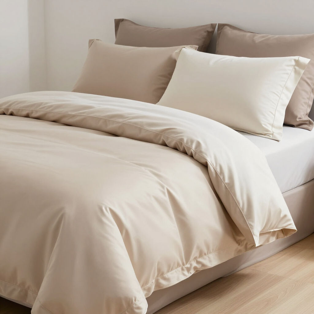Biancheria da letto beige e bianca su un letto ben rifatto con numerosi cuscini.