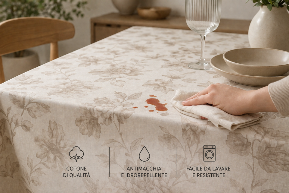 Una persona pulisce una tovaglia beige a fiori accanto a piatti e un bicchiere di vino su un tavolo da pranzo.