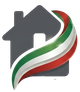 Logo di una casa grigia con un nastro verde, bianco e rosso che si muove a zig-zag.