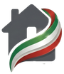 Logo di una casa grigia con un nastro verde, bianco e rosso che si muove a zig-zag.