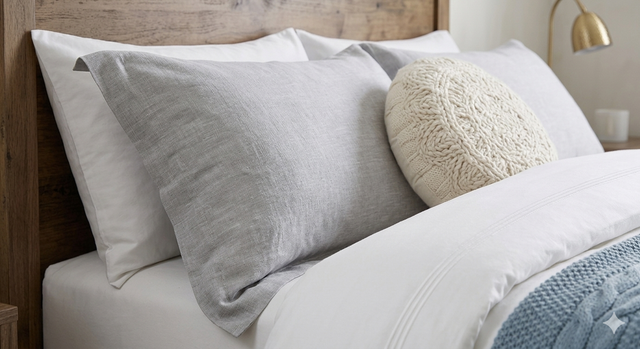 Letto ben rifatto con cuscini bianchi, grigi e color crema su una testiera in legno.
