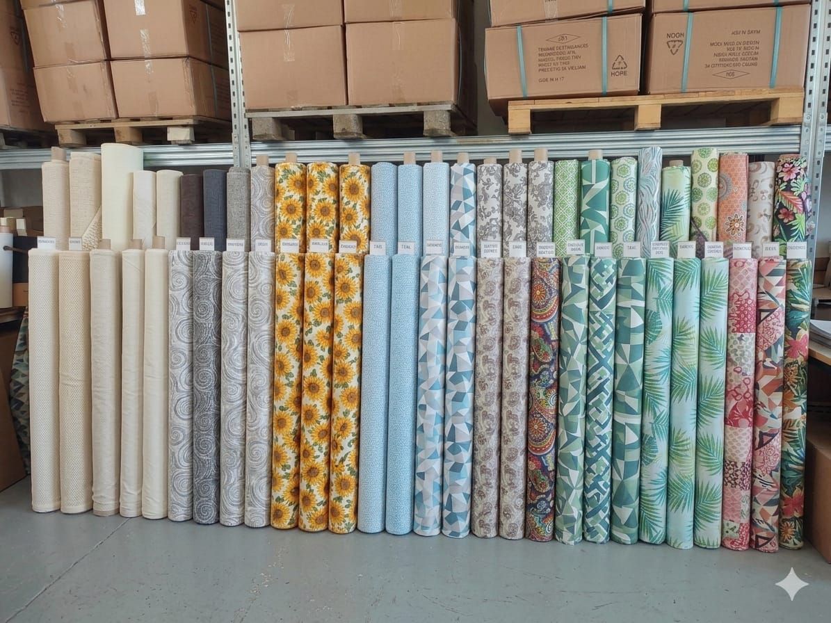 Tende beige con asciugamani di lino piegati e due cuscini decorativi neutri su un pavimento morbido.