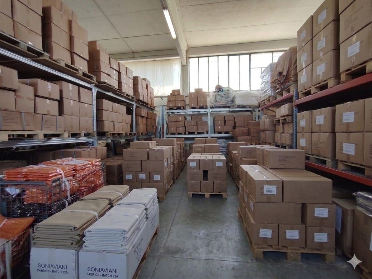 Corridoi di magazzino con sacchi bianchi impilati su scaffali metallici e carrelli elevatori gialli in un luminoso deposito.