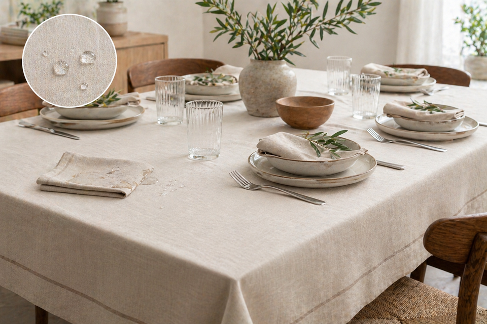 Apparecchiare la tavola con una tovaglia beige, bicchieri, piatti, tovaglioli e un vaso come centrotavola in una stanza luminosa.