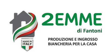Logo 2EMME con nastro tricolore italiano e targhetta “Made in Italy”, per la produzione e la vendita all'ingrosso di prodotti tessili.