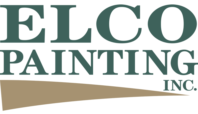 ELCO Painting Inc. logo. Dark green text on a white background with a tan, angled shape across the bottom.