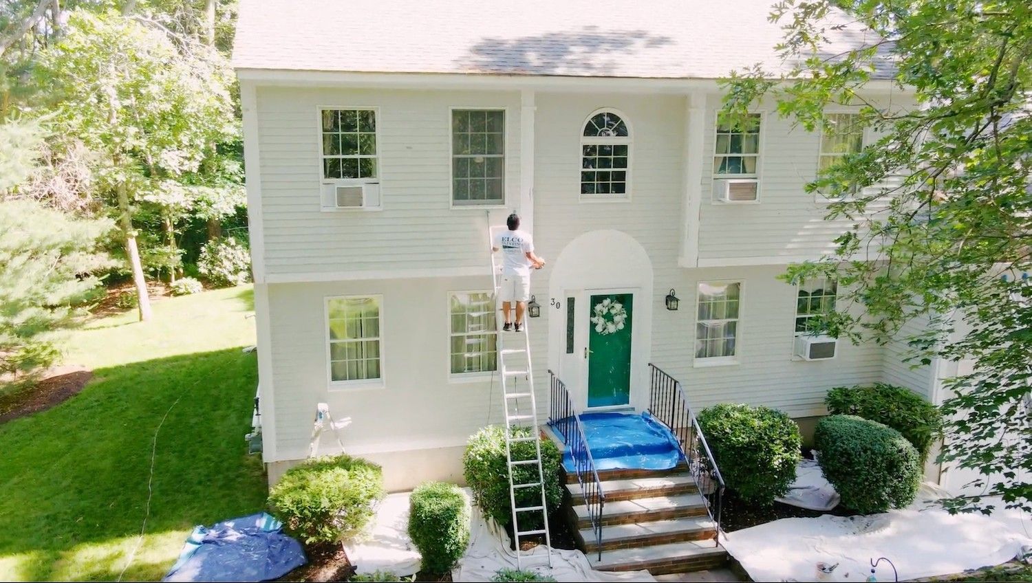 A person on a ladder paints a white house with green door and shrubs. Lush green trees and grass surround the house.