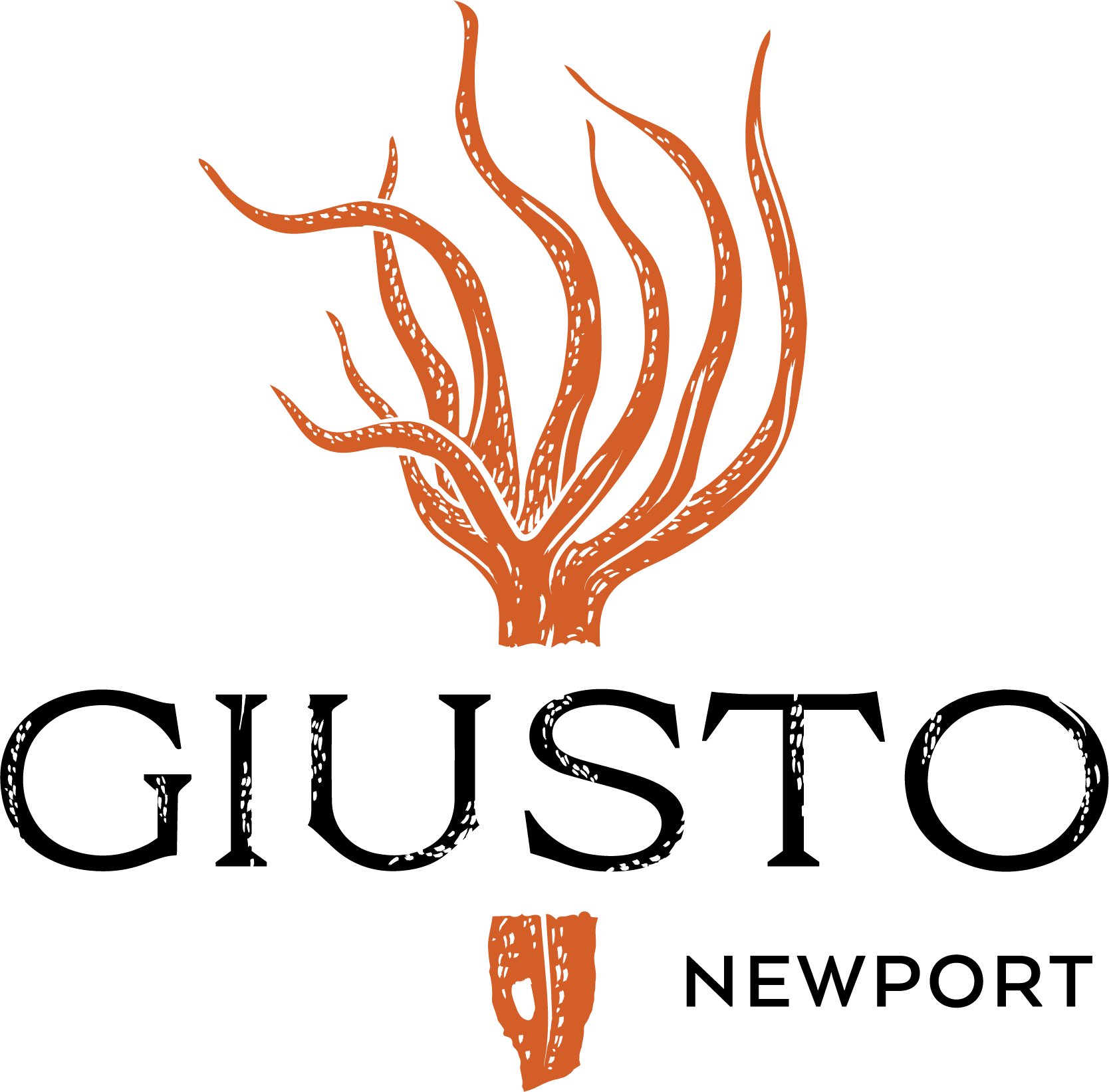 Logo for Giusto Newport restaurant: orange seaweed design above the name "GIUSTO," with "NEWPORT" below a small orange illustration.