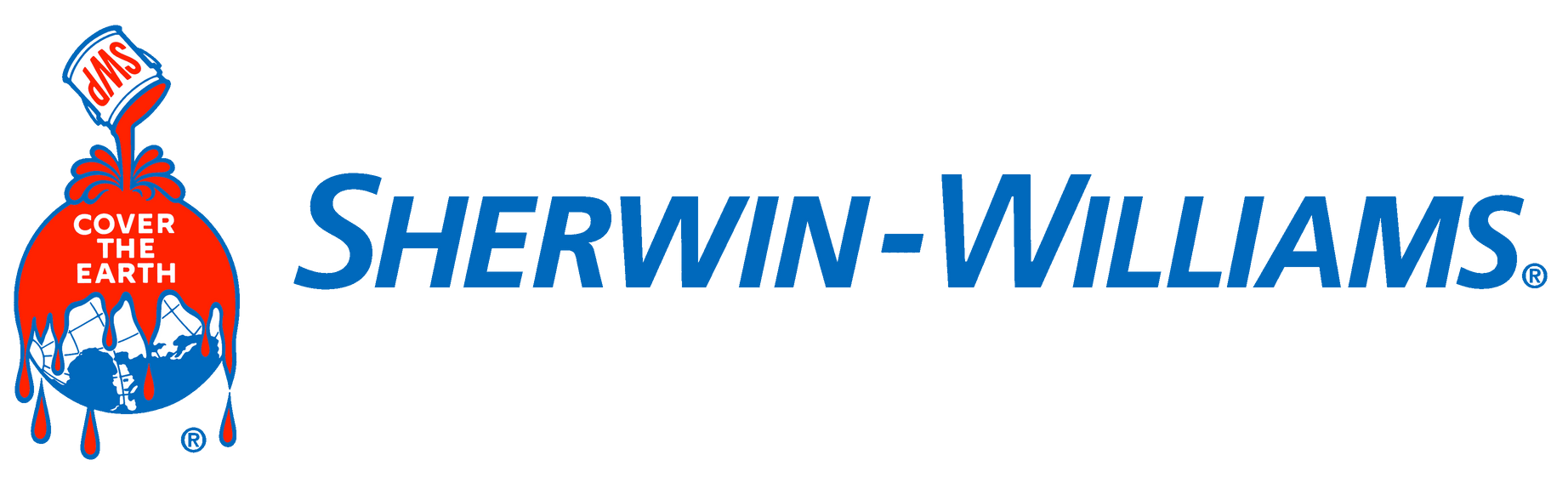 Sherwin-Williams logo featuring a paint can pouring paint over the Earth; the words "SHERWIN-WILLIAMS" in blue.