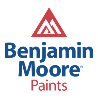 Benjamin Moore Paints logo: Red triangle with white "M" design, blue text "Benjamin Moore Paints".