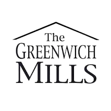 Logo for "The Greenwich Mills" with a roof outline above the text in black.