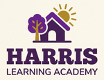 Harris Learning Academy logo with purple school, tree, and gold sun icon