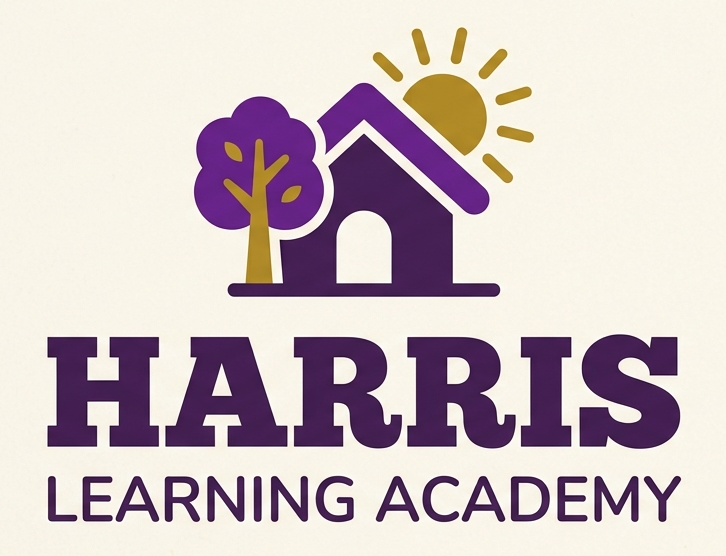 Harris Learning Academy logo with purple school, tree, and gold sun icon