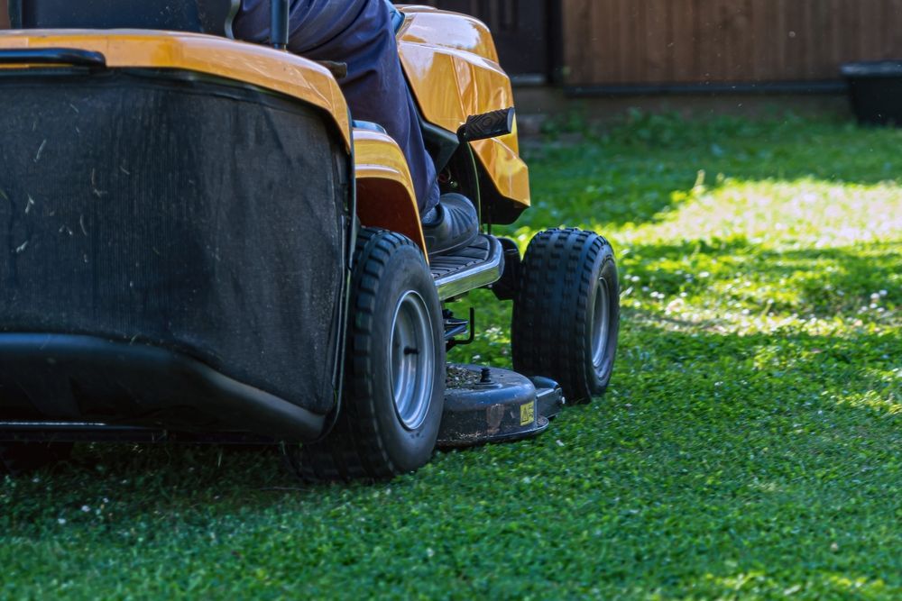 Yellow Riding Lawn Mower Cutting Green Grass in a Backyard — Mow & Mulch Lawn & Garden Maintenance in Edmonton, QLD