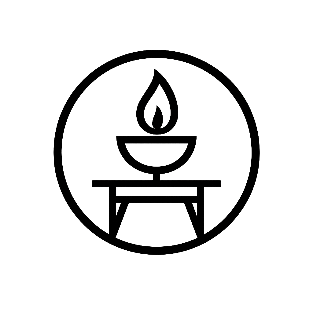 Candle flame in a bowl atop a table, enclosed in a circle.
